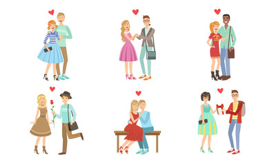 Happy Romantic Loving Couples Collection, Young Men and Women on Date, Walking, Hugging, Giving Gifts and Flowers Vector Illustration
