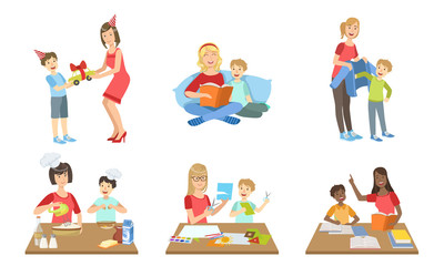 Mother and Son Performing Daily Activities Together Set, Cooking, Reading Book, Making Applique, Giving Gifts Vector Illustration