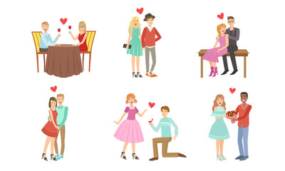 Happy Romantic Loving Couples Collection, Young Men and Women on Date, Walking, Hugging, Making Proposal, Having Dinner Vector Illustration