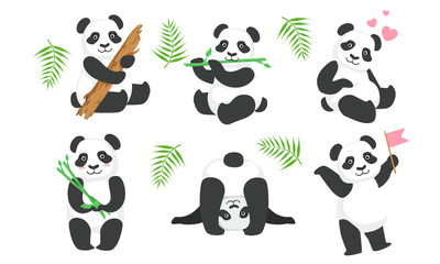 Adorable Pandas Characters Set, Cute Animals in Different Situations, Chinese Symbol Mascot Vector Illustration