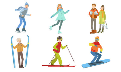 Fototapeta na wymiar Winter Sport Activities Set, Different People Skiing, Snowboarding, Figure Skating Vector Illustration