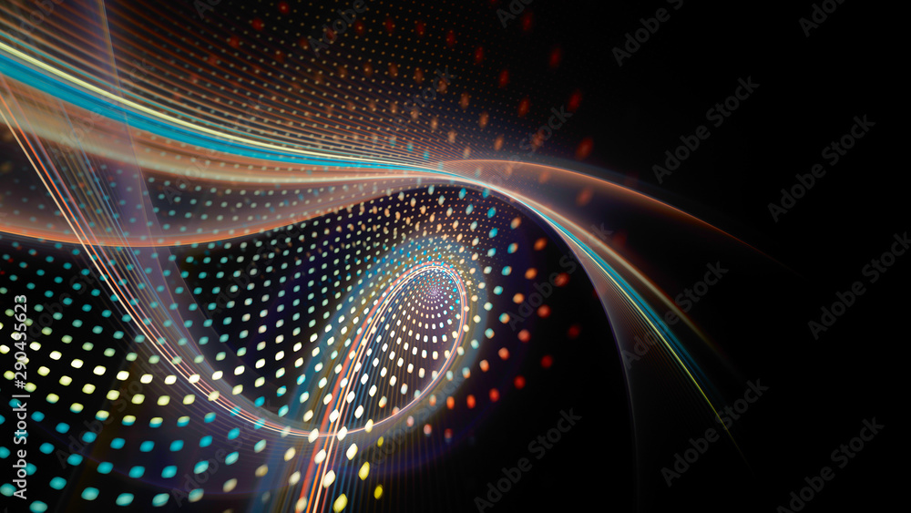 Poster Abstract background element. Fractal graphics series. Composition of glowing lines and mosaic halftone effects. Wide format high resolution image. 3d illustration