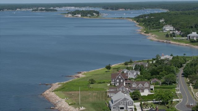 Aerial of houses on blizzard bay in Marion Massachusetts