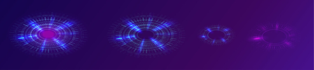 Glowing blue neon ring or futuristic circle with digital binary code