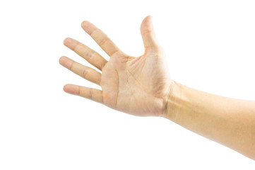 The man's hand is lifted. All fingers are the five number symbol on a white background.
