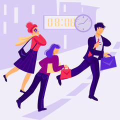 Business people with briefcases late for work, hurrying to meeting. Men and women, office workers characters in morning rush. Modern urban lifestyle. Flat vector illustration.