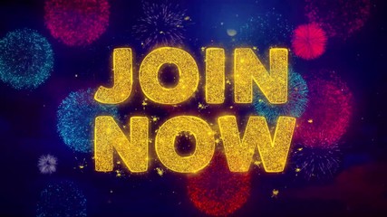 Join Now Text on Colorful Firework Explosion Particles. Sale, Discount Price, Off Deals, Offer promotion offer percent discount ads 4K Loop Animation.
