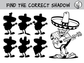 Mexican guitar player. Find the correct shadow. Educational matching game for children. Black and white cartoon vector illustration