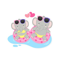 Happy summer holiday. Cute couple elephant wear bikini and swim ring cartoon.