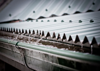 Rain on a corrugated iron roof collecting in a gutter