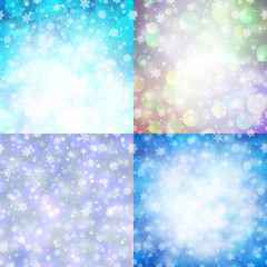 Magic winter glitter backgrounds set with falling snow. White snowflakes on light blurred backdrop. Template for Happy New Year and Merry Christmas holidays congratulation vector illustration.