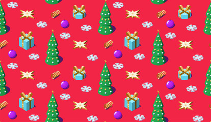 Isometric Christmas and New Year seamless pattern. Repeating Xmas pattern