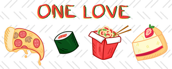 fast food elements set, cartoon pizza, wok, sushi, cheese cake, one love, cute tasty food collection for delivery, editable vector illustration