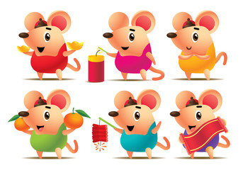 Chinese New Year 2020. Cartoon cute rat set with colourful traditional chinese costume. Cute rat with golds, chinese scroll, fire cracker and mandarin orange - vector mascot set