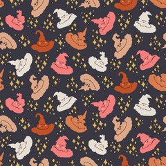 sparkling cute witch hats seamless vector pattern