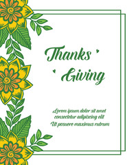 Ornate text of thanksgiving, with feature green leafy flower frame on white background. Vector