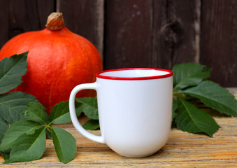 Autumn breakfast in garden. Cup of tea, orange pumpkin and leaves. Autumn background. Fall season concept.