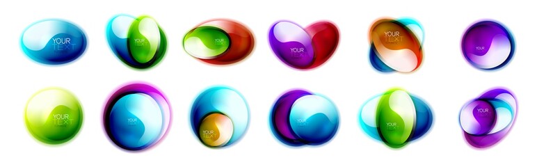 Set of glass shiny abstract logo icons or web banner boxes for text. Bright logotypes with flowing liquid colors