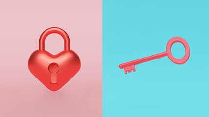 Heart shaped lock and key. abstract minimal style. 3d rendering