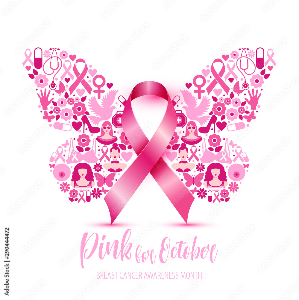 Canvas Prints Breast cancer awareness with Butterfly sign and pink ribbons vector illustration design poster layout.