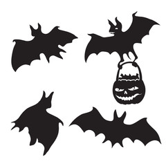 Set of bat silhouette icons on white isolated background. Vector image.