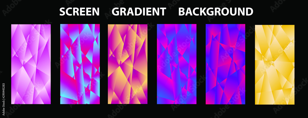 Poster set of colorful low poly vector pattern gradient set. modern smartphone screen, mobile app template.
