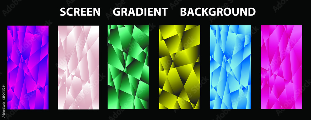 Poster set of colorful low poly vector pattern gradient set. modern smartphone screen, mobile app template.