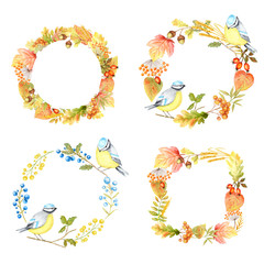 Autumn leaf, berries and Tomtit birds Frame set isolated on a white background. Watercolor hand drawn Bird BlueTit sitting on the Branch. Greeting card, poster, banner concept with copy space for text