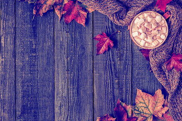Autumn background with hot chocolate, knitted scarf, multi-colored leaves.