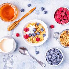 Healthy breakfast, muesli, cereal with fruit.