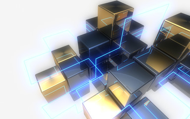 3d abstract cubes background with neon light.3d illustration