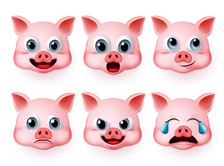 Pig emoji vector set. Pigs cute face emoticon and emojis with happy, crying and surprise expressions isolated in white background. Vector illustration 3d realistic.