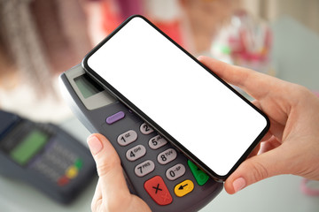 Woman payment purchase for phone and pay pass online terminal