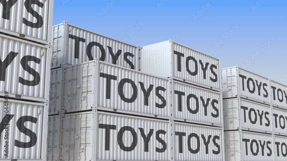 Poster container yard full of containers with toys. production, export or import related loopable 3d animat