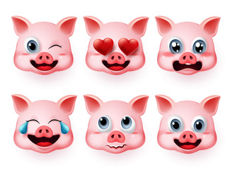 Fototapeta premium Emoji pig vector set. Pigs face emoticons or icon in cute emotions like inlove and scared with 3d realistic concept isolated in white background. Vector illustration.