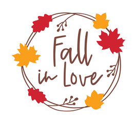 Vector illustration of a wreath for Fall or Autumn season with red and gold maple leaves.
