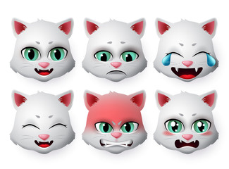 Cat face emoji vector set. Cats emoticon in angry and sad expressions or emotion isolated in white background. Vector illustration 3d realistic.