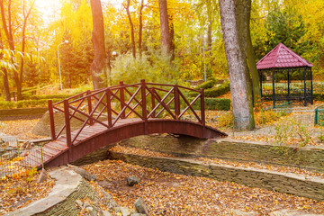 Wooden bridge in the autumn park with gazebo on the background