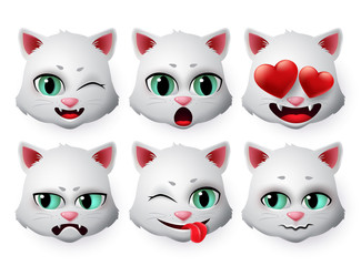Emoticon cat face vector set.Kitty cats head emojis in pretty faces with funny and inlove expression for collection isolated in white background. Vector illustration.