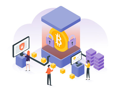 Bitcoin, cryptocurrency and blockchain technology in flat isometric with group of people working on computer. Digital money currency concept