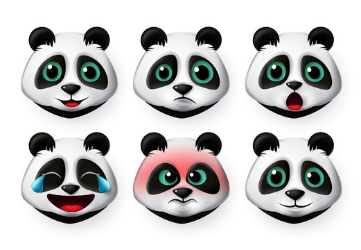 Panda emoji vector set. Big cute panda bear face emoticon in angry and happy emotions for character collection isolated in white background. Vector illustration 3d realistic.