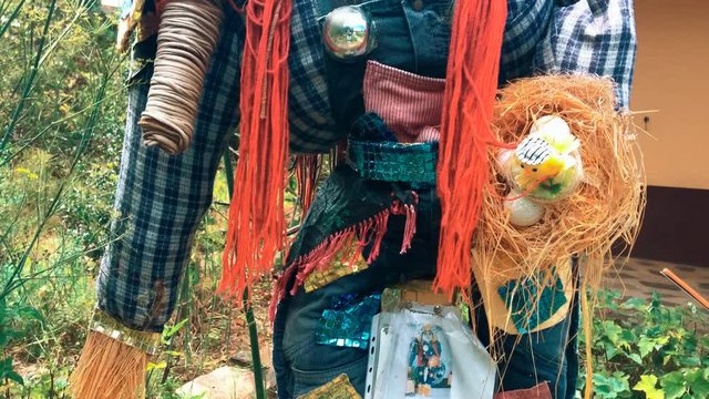 Scarecrow made of recycled materials in rural garden field to scare birds away from agriculture crops reuse new life reinventing recycle eco  green  clean  energy enviroment scary recycling friendly