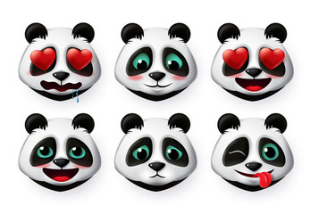Pandas emojis and bear emoticons vector set. Panda bear head face emoji like shy and inlove cute expressions 3d realistic design isolated in white background. Vector illustration. © AmazeinDesign