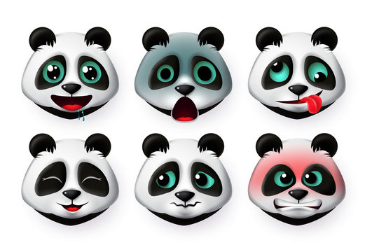 Panda emoticon or bear heads vector set. Pandas big bear face emojis in  hungry and angry expression for sign and symbols isolated in white background. Vector illustration 3d realistic.