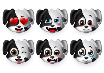 Dog emoticon vector set. Cute puppy dogs face emoticons and emojis in funny and shy facial expressions isolated in white background. Vector illustration.