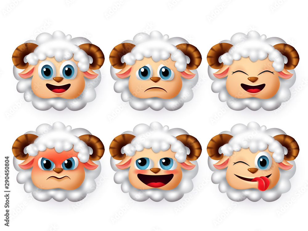 Poster sheep emoticon and emojis vector set. sheeps or lamb face emoticons with 3d realistic design in angr