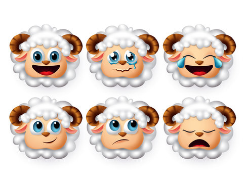 Emojis lamb vector set. Emoticon and icon of sheeps and lambs head face with curly white hair in mood of sleeping and crying isolated in white background. Vector illustration 3d realistic.