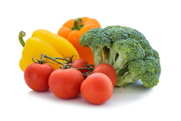 Group of vegetable. Broccoli, tomato, orange yellow Bell Pepper isolated on white background