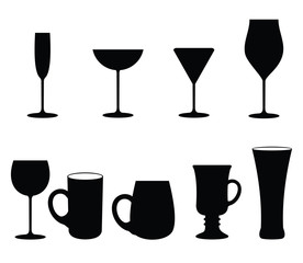 Set of vector glasses. Set of vector glasses for wine, martini, champagne and other