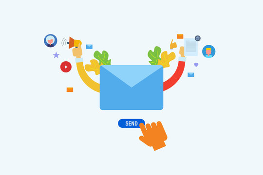 Sending personalized email to subscribers, email marketing campaign, increase email open rate, newsletter notification concept, flat design vector banner.